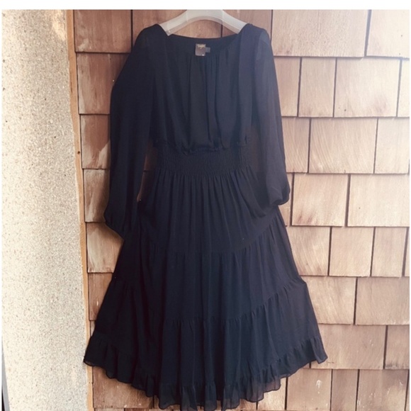 Taylor14 Chiffon Midi Black Fit & Flair Long Sleeve Elastic Waist Dress - Picture 16 of 16